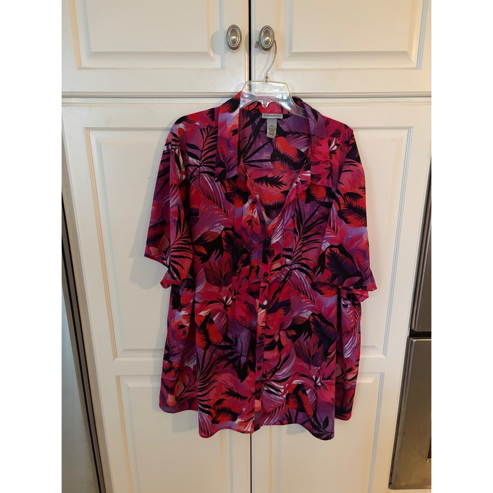 Catherines Tropical Floral Button Front Blouse Pink Purple Palm Print 4X 30/32W